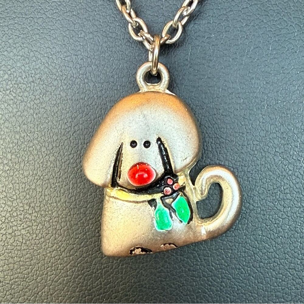 Christmas Dog Pendant Necklace Silver Tone Pewter Color Holiday Cheerful
